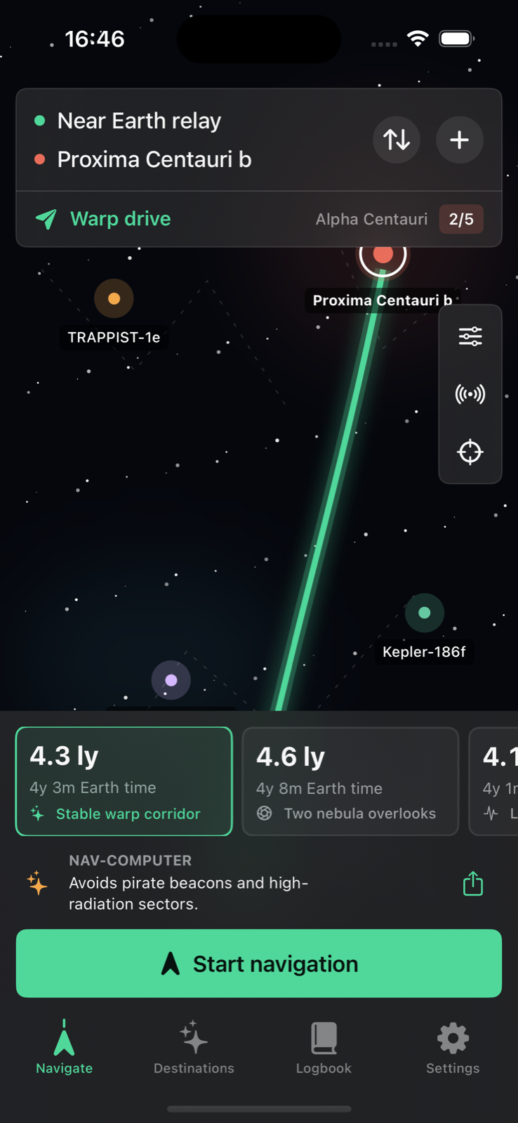 Cosmic Detour running on iPhone, showing a green warp route from Earth to Proxima Centauri b